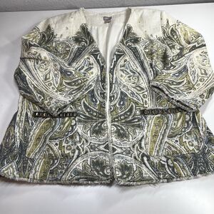 Chicos Size 2 US L Jacket Embellished Heritage Tweed Green Paisley 3/4 Sleeves